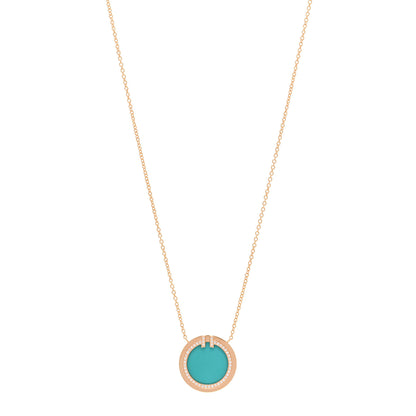 Tiffany 18K Rose Gold Diamond Turquoise T Circle Pendant Necklace 1 of 5