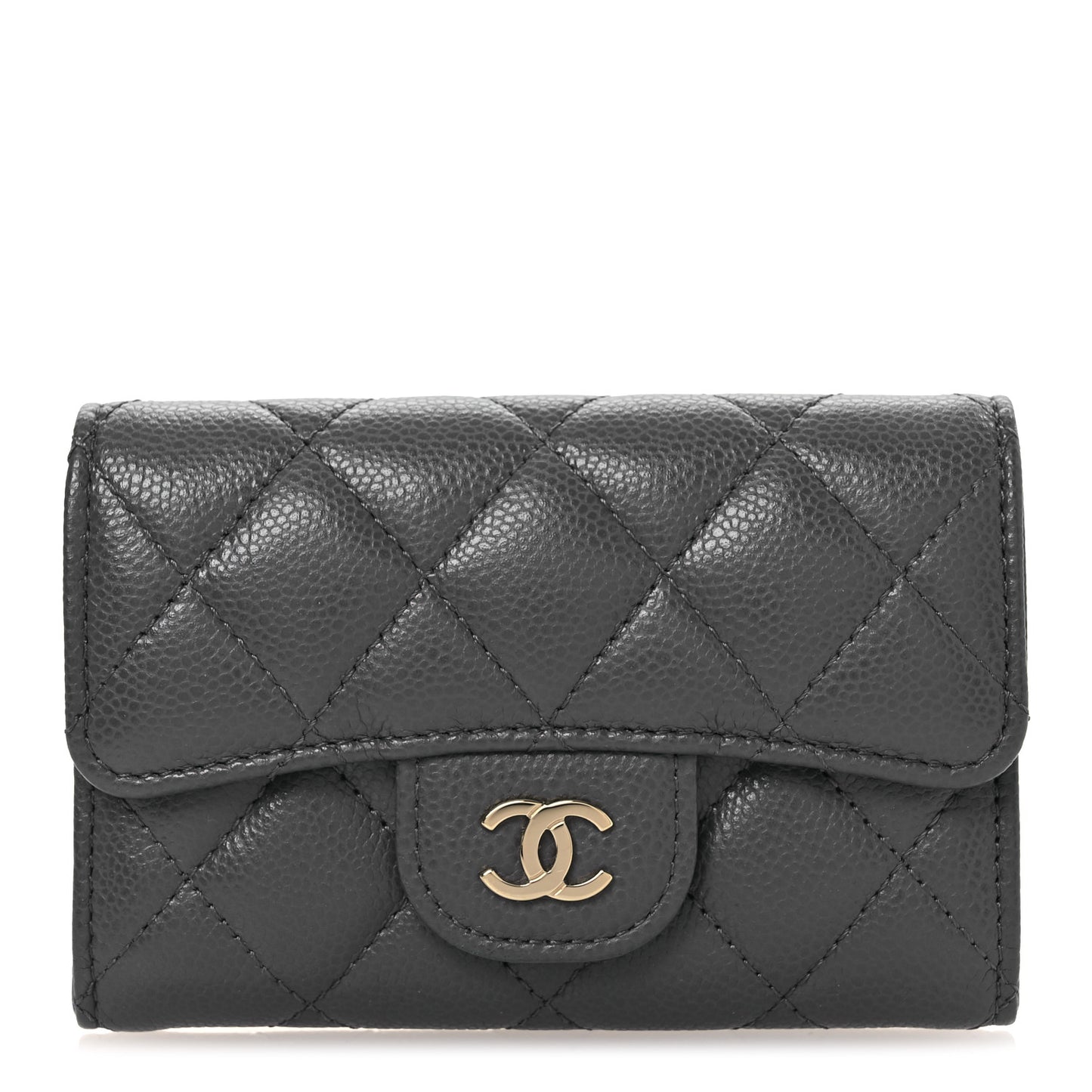 Caviar Quilted Flap Card Holder Wallet Dark Grey