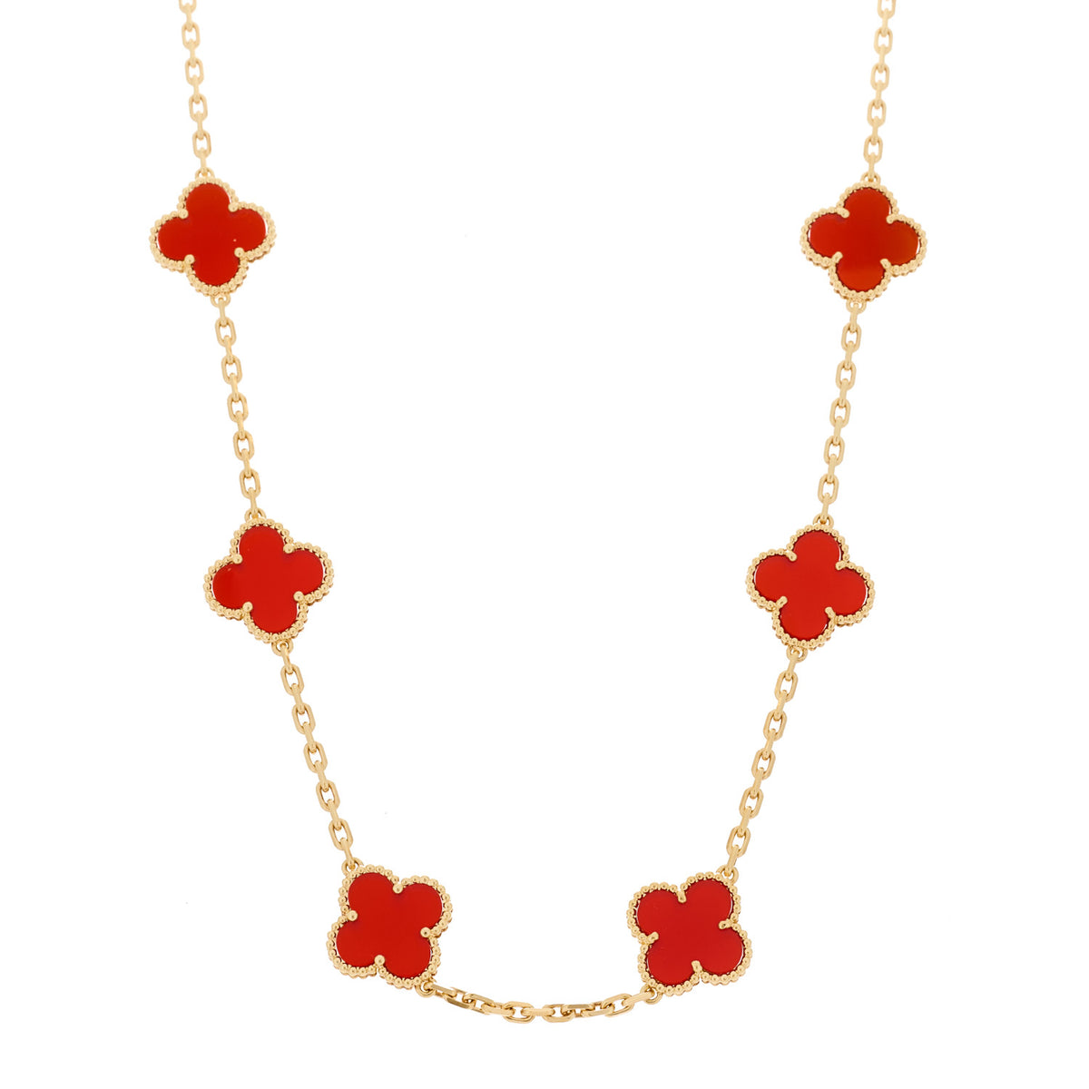 Van Cleef & Arpels 18K Yellow Gold Carnelian 10 Motifs Vintage Alhambra Necklace 1 of 7