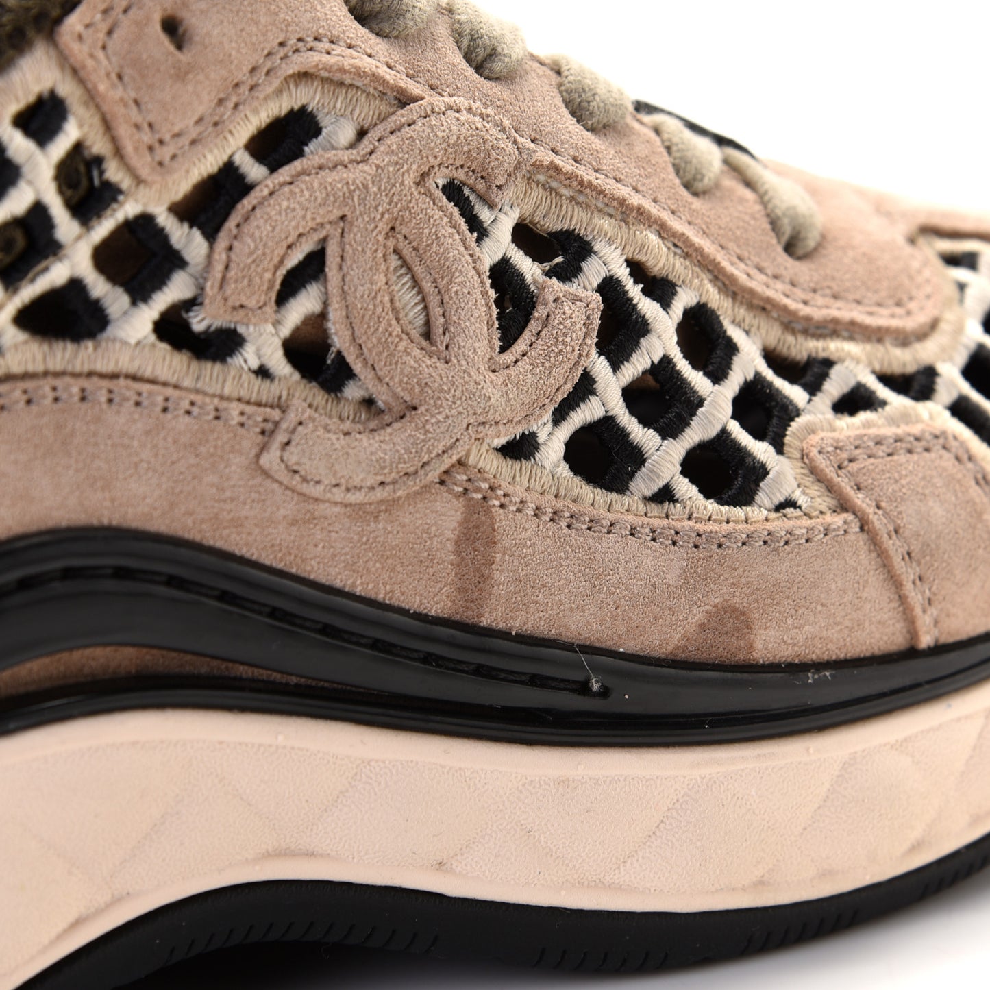 Suede Calfskin Embroidered CC Sneakers 36.5 Beige Black