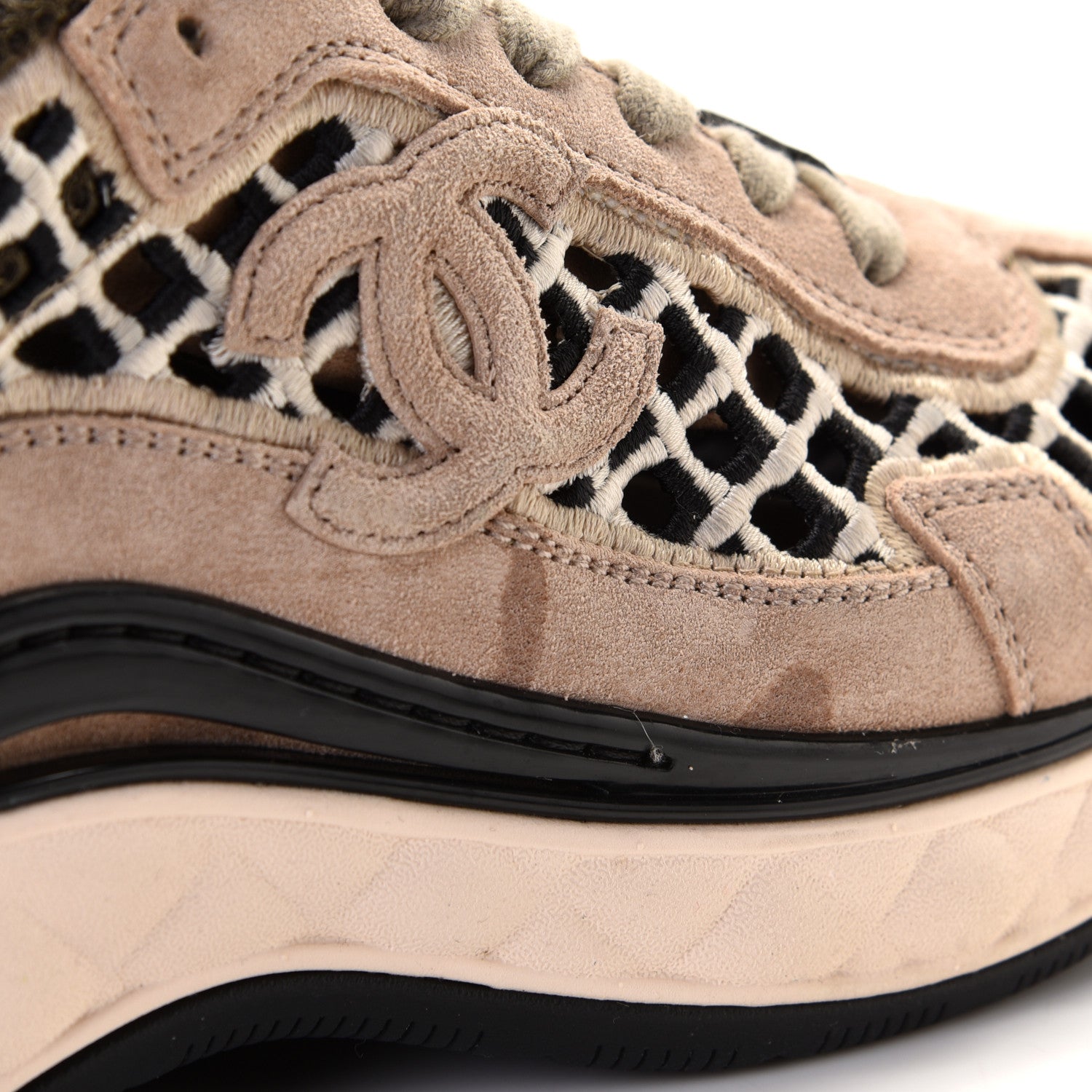 Chanel Suede Calfskin Embroidered CC Sneakers 36.5 Beige Black 9 of 13
