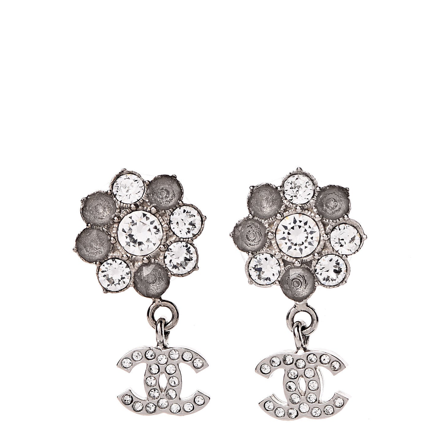 Crystal CC Flower Dangle Earrings Silver Light Grey