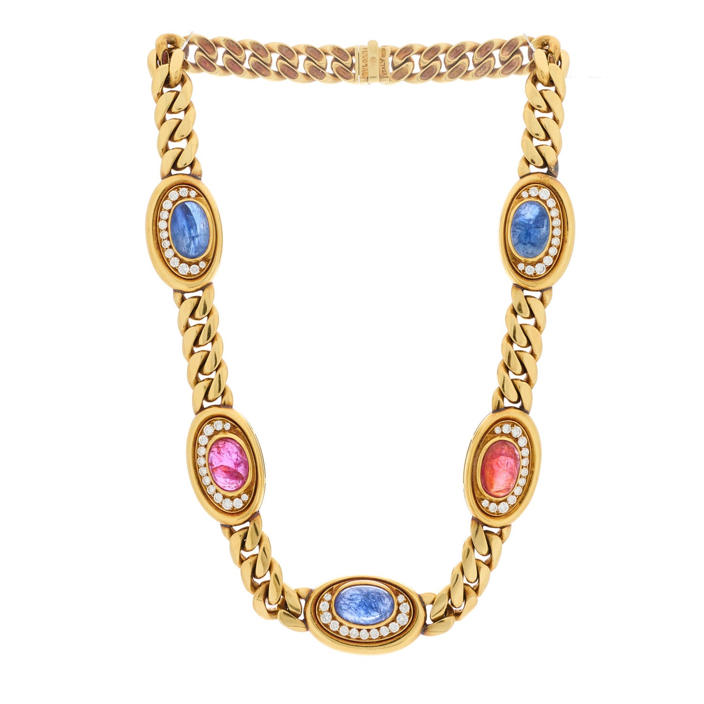 18K Yellow Gold Diamond Blue Sapphire Ruby 5 Station Collar Necklace