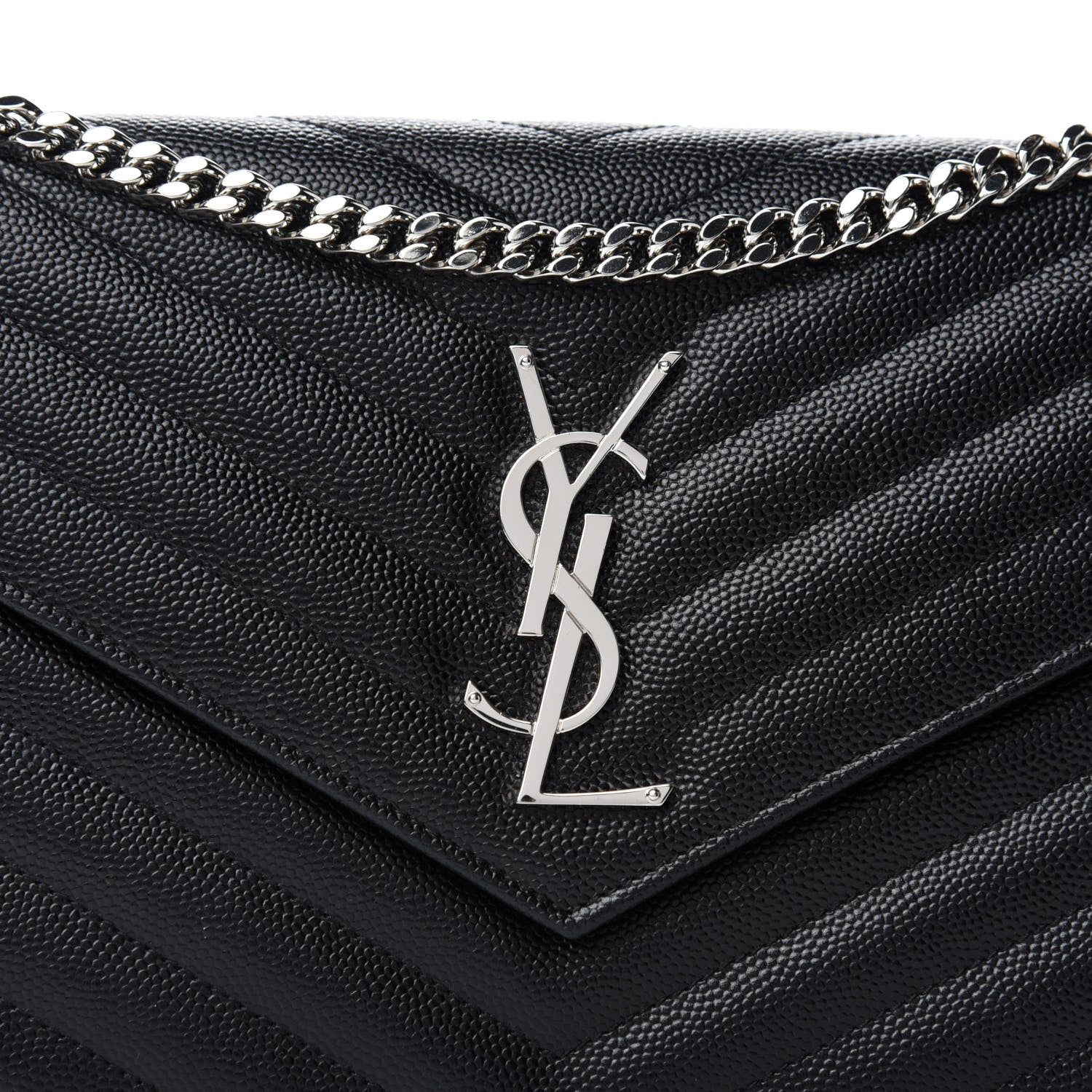 Saint Laurent Grain De Poudre Matelasse Chevron Monogram Chain Wallet Black 12 of 13