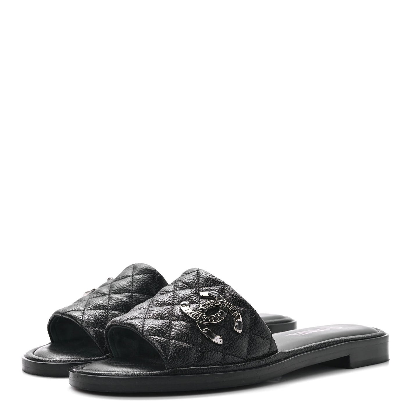 Shiny Goatskin Quilted CC Mules Sandals 38.5 Black