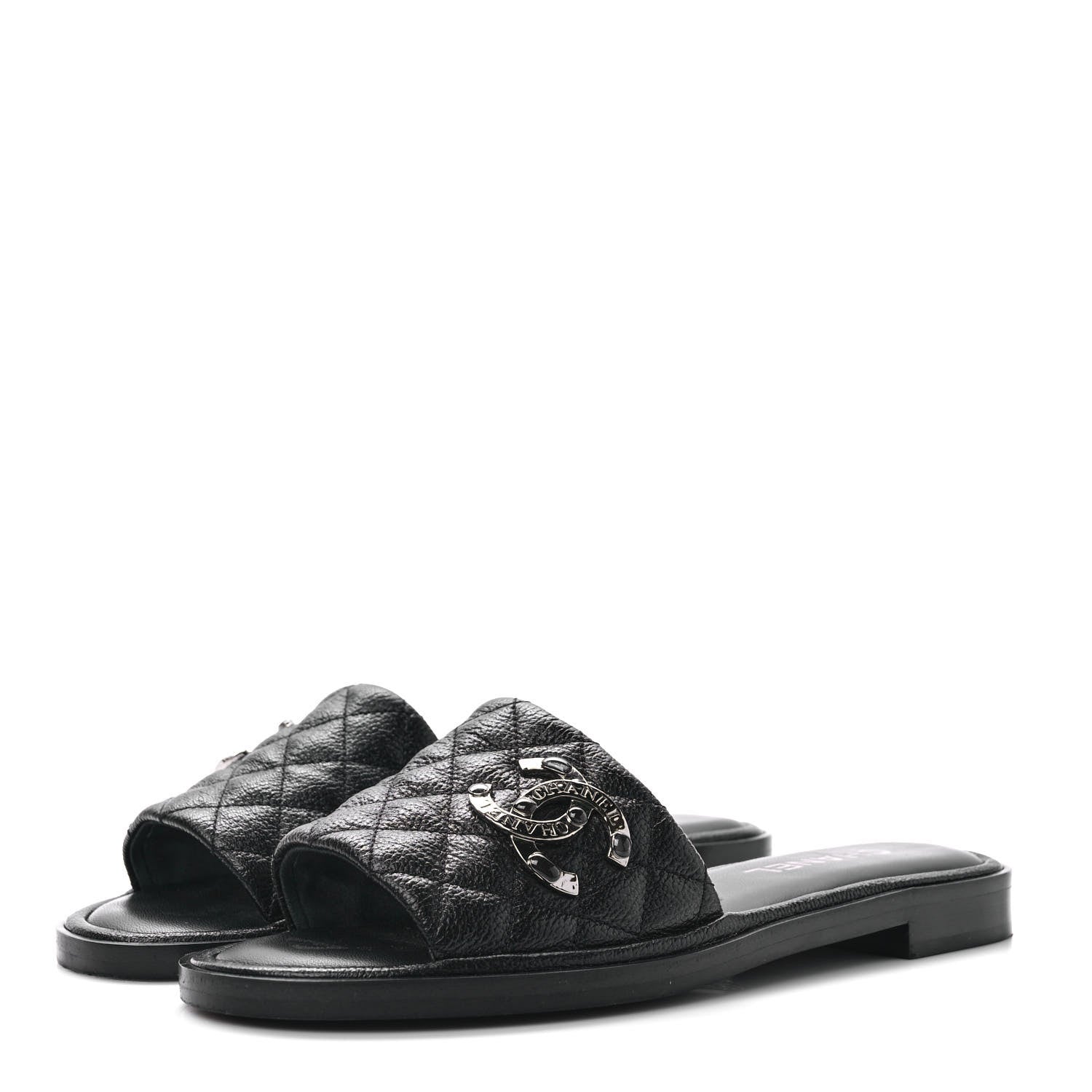 Chanel Shiny Goatskin Quilted CC Mules Sandals 38.5 Black 3 of 9