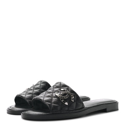 Chanel Shiny Goatskin Quilted CC Mules Sandals 38.5 Black 3 of 9