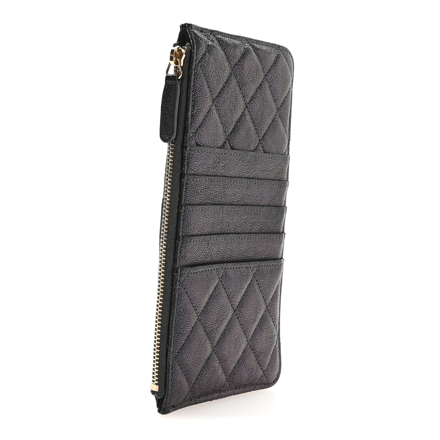 Iridescent  Caviar Quilted Classic Flat Wallet Pouch Black