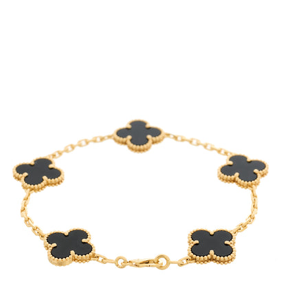 Van Cleef & Arpels 18K Yellow Gold Black Onyx 5 Motifs Vintage Alhambra Bracelet 2 of 5