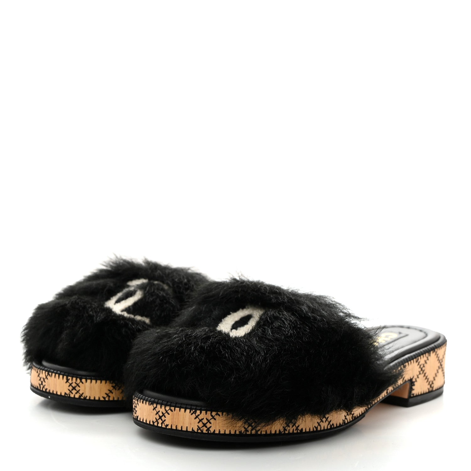 Chanel Shearling Lambskin CC Mules 36.5 Black White 3 of 8