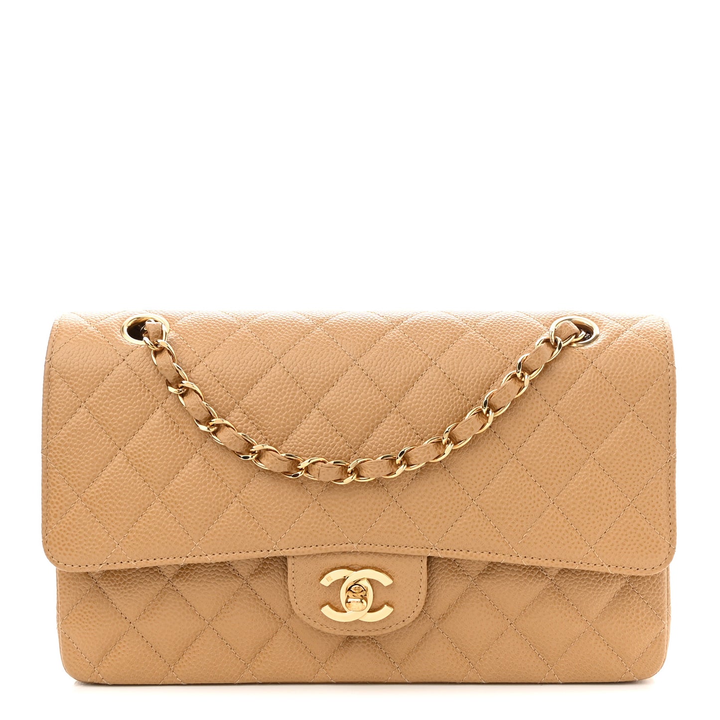 Caviar Quilted Medium Double Flap Beige
