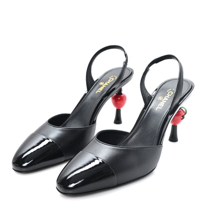 Chanel Lambskin Patent Cap Toe CC Apple Slingback Pumps 38.5 Black 4 of 10