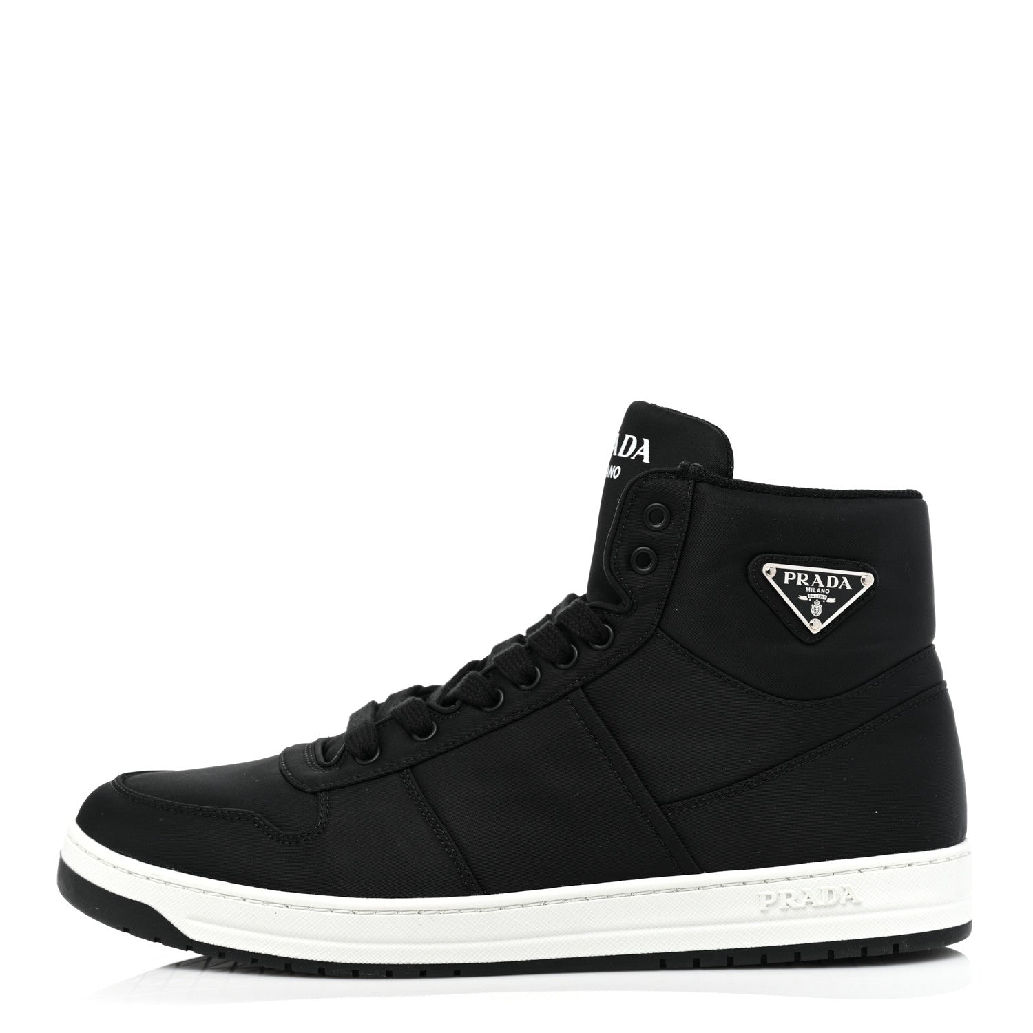 Prada Re-Nylon Gabardine Metal Triangle Logo Mens High Top Sneakers 8 Black 1 of 10