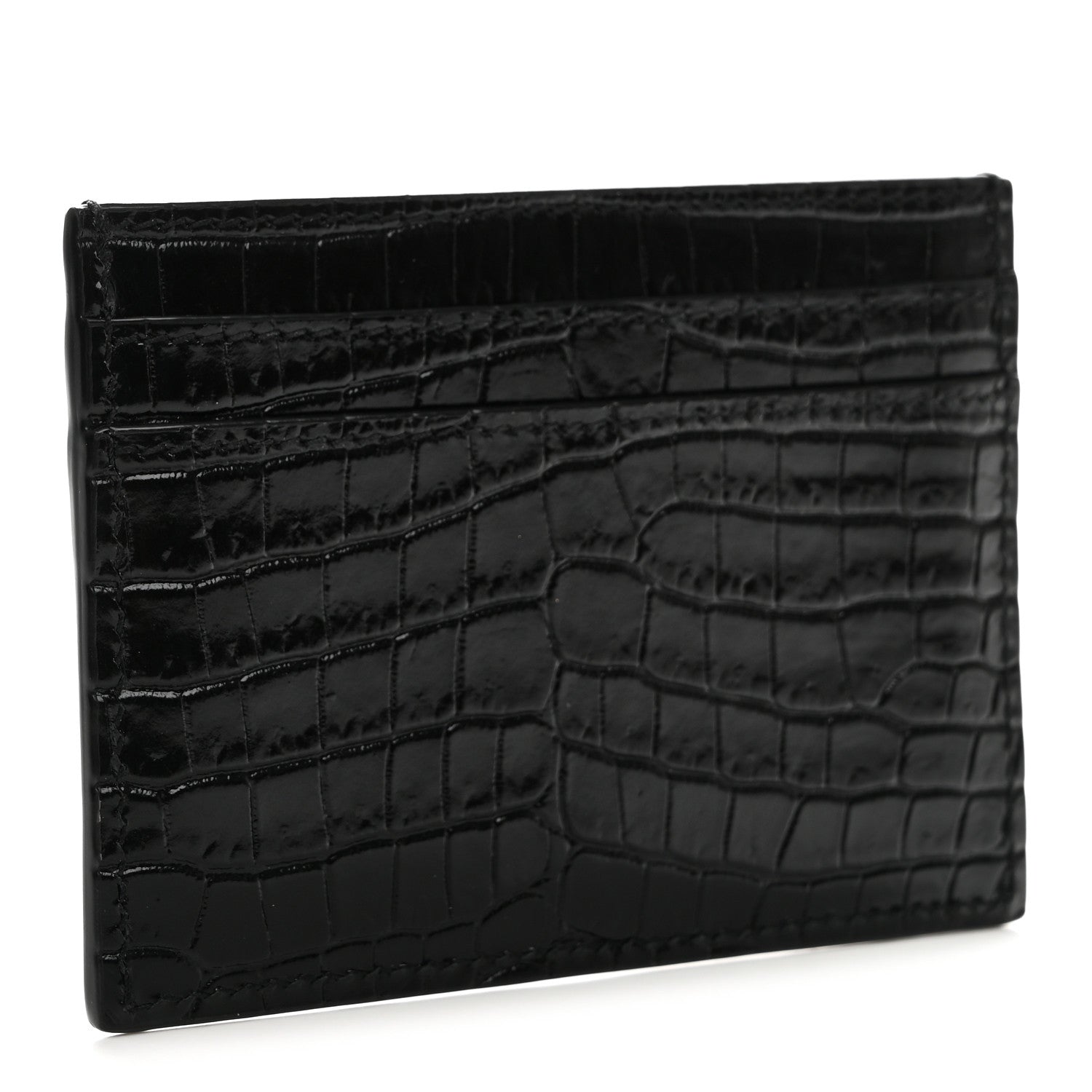 Saint Laurent Calfskin Crocodile Embossed Monogram Credit Card Case Black 3 of 7