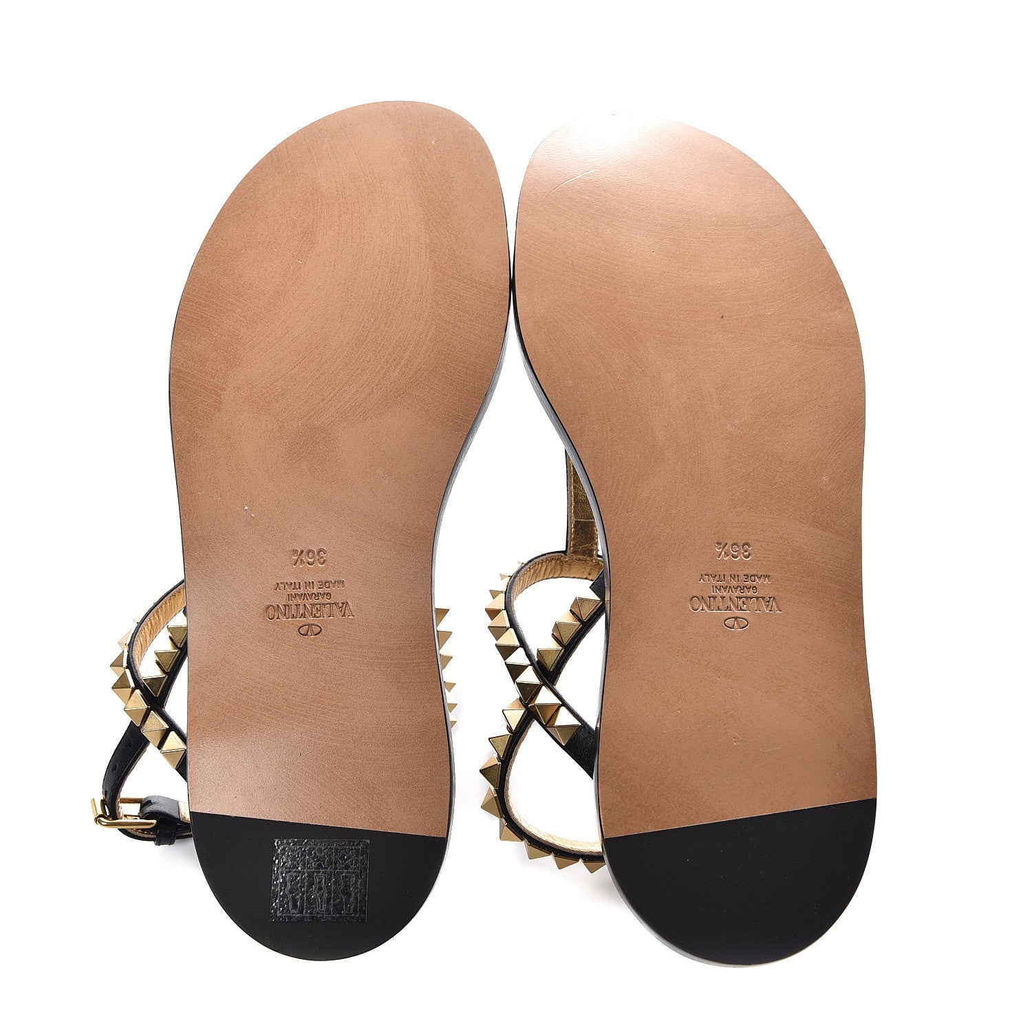 Valentino Garavani Calfskin Rockstud No Limit Slingback Flat Thong Sandals 36.5 Black Gold 5 of 7