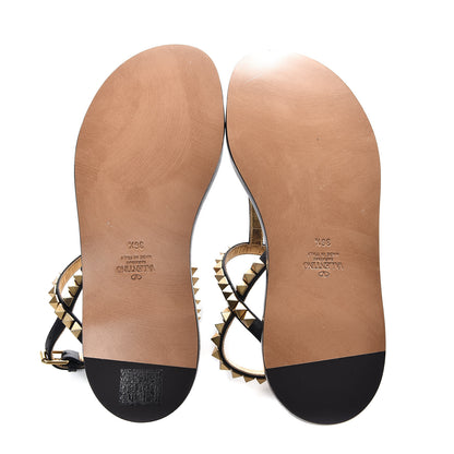 Valentino Garavani Calfskin Rockstud No Limit Slingback Flat Thong Sandals 36.5 Black Gold 5 of 7