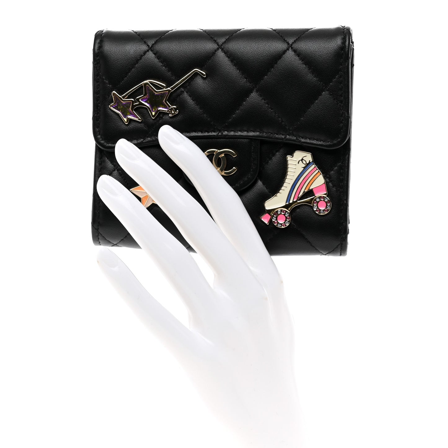 Lambskin Enamel Quilted Roller Skate Compact Flap Wallet Black