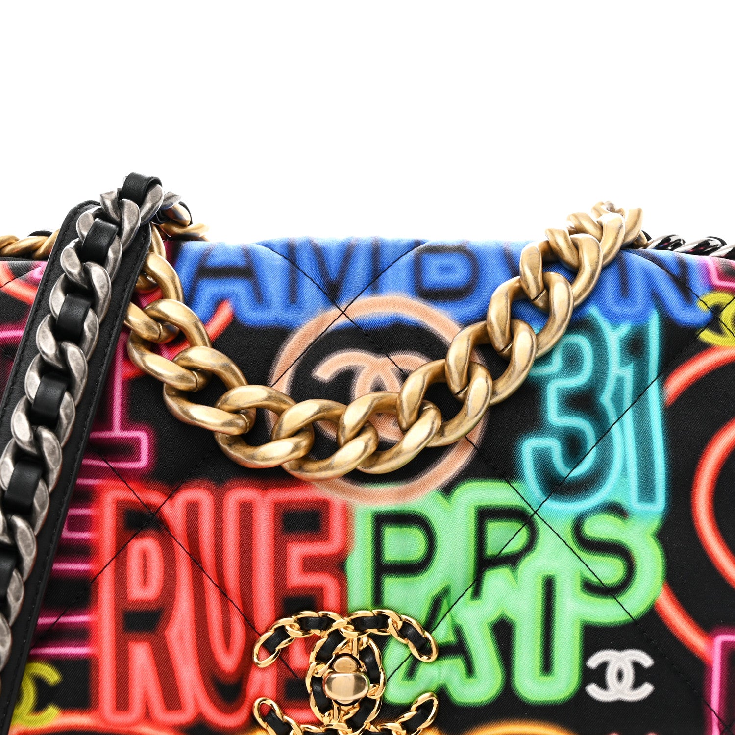 Chanel Fabric Printed Neon Graffiti Large Chanel 19 Flap Black Multicolor 8 of 10