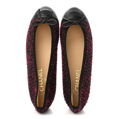Chanel Wool Cotton Tweed Lambskin Cap Toe Ballerina Flats 39.5 Dark Pink Black Silver 2 of 10