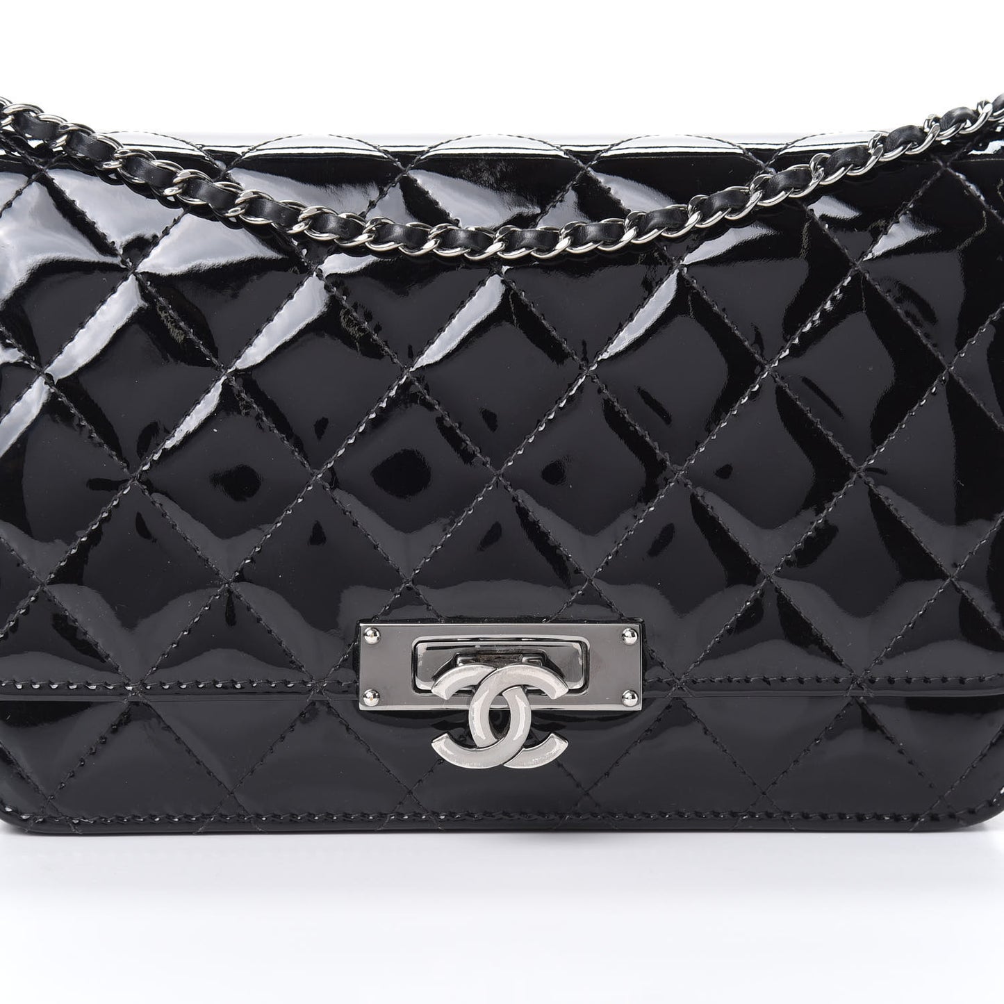 Patent Quilted Golden Class Wallet on Chain WOC Black