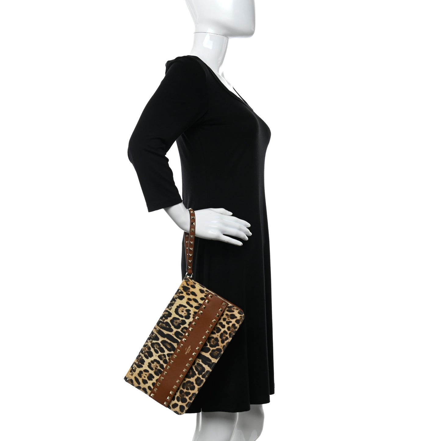 Canvas Leopard Print Rockstud Side Slip Wristlet Clutch Tan