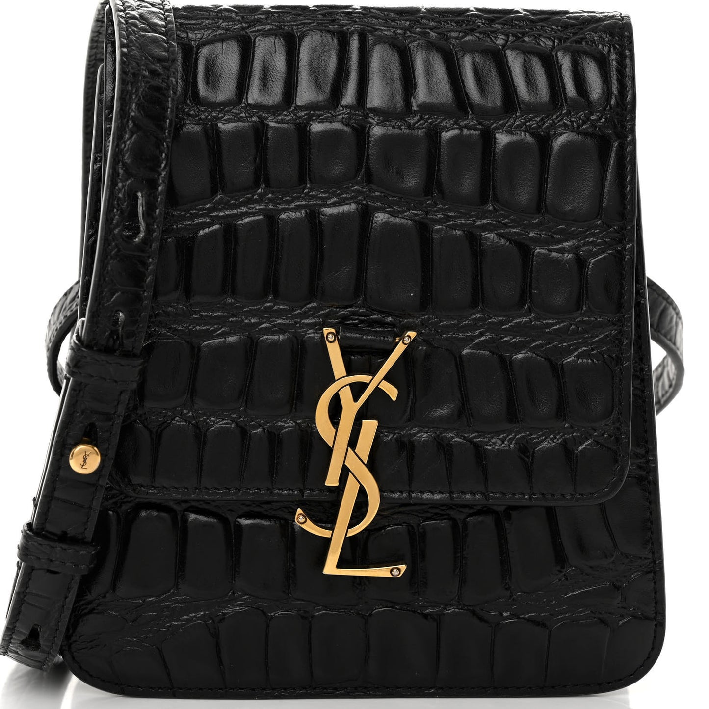 Calfskin Embossed Crocodile North South Kaia Satchel Black