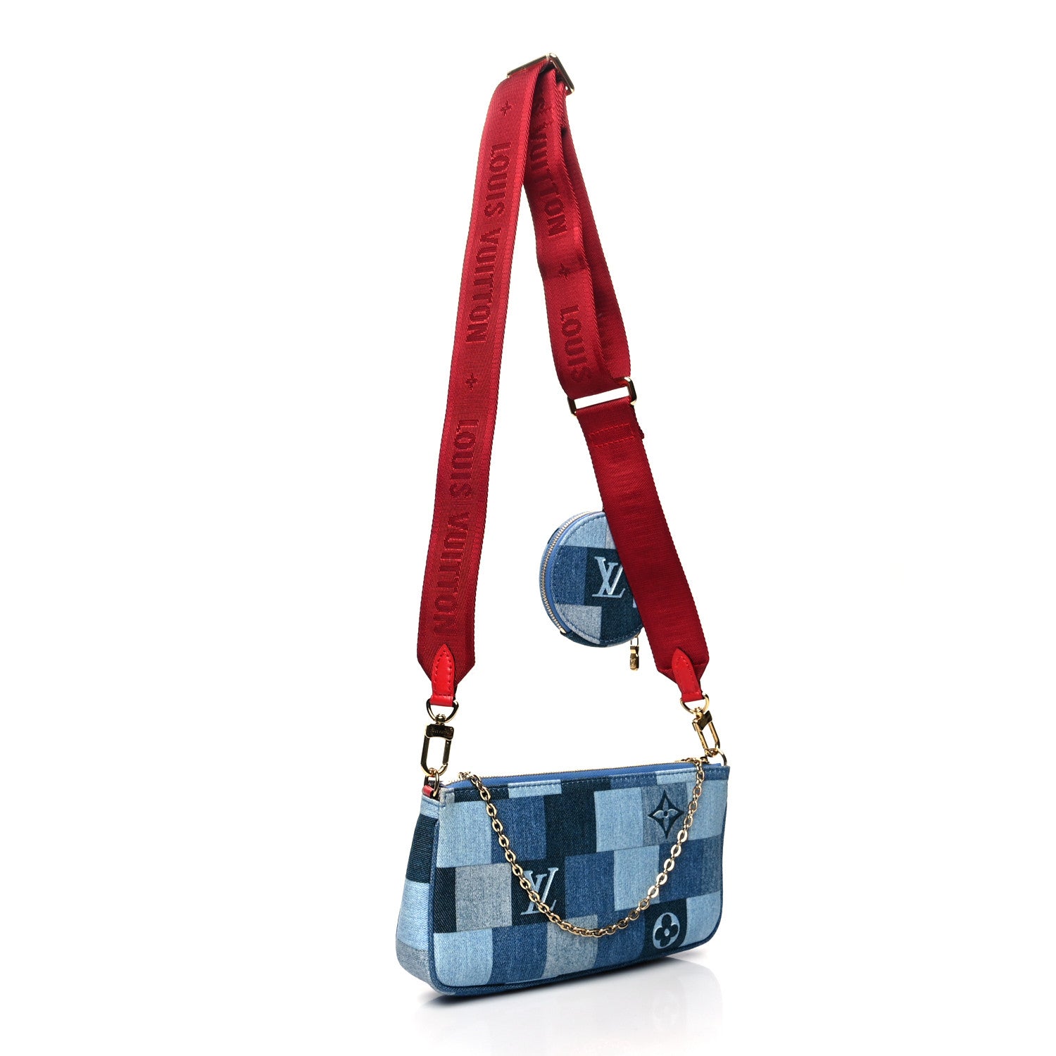 Louis Vuitton Denim Damier Monogram Patchwork Multi Pochette Accessories Blue Rouge 4 of 18