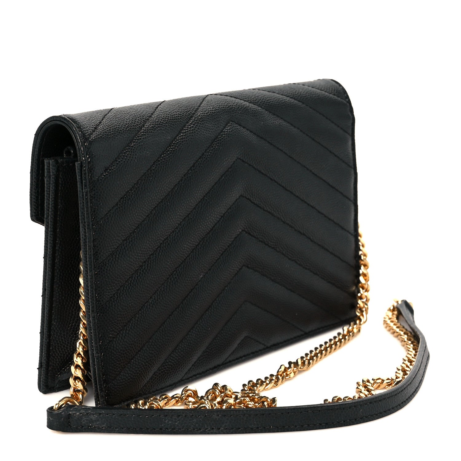 Saint Laurent Grain De Poudre Matelasse Chevron Monogram Envelope Chain Wallet Black 3 of 10