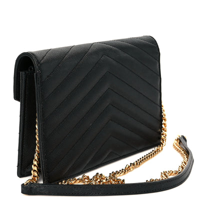 Saint Laurent Grain De Poudre Matelasse Chevron Monogram Envelope Chain Wallet Black 3 of 10