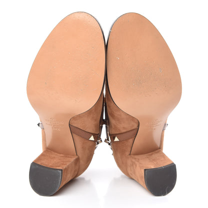 Valentino Garavani Suede Rockstud Double Buckle 70mm Block Heel Ankle Boots 38.5 Tobacco 11 of 12