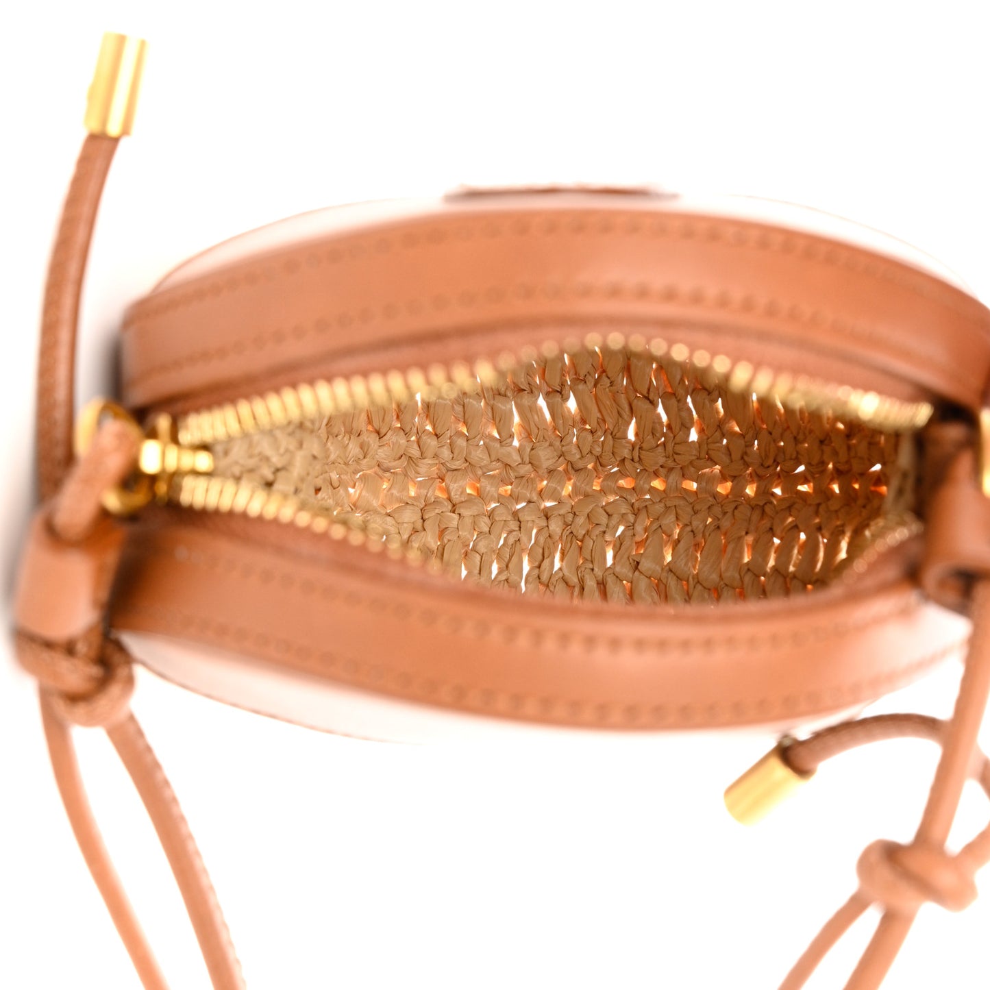 Raffia Calfskin Round Mini Coin Pouch Beige Naturel Brick