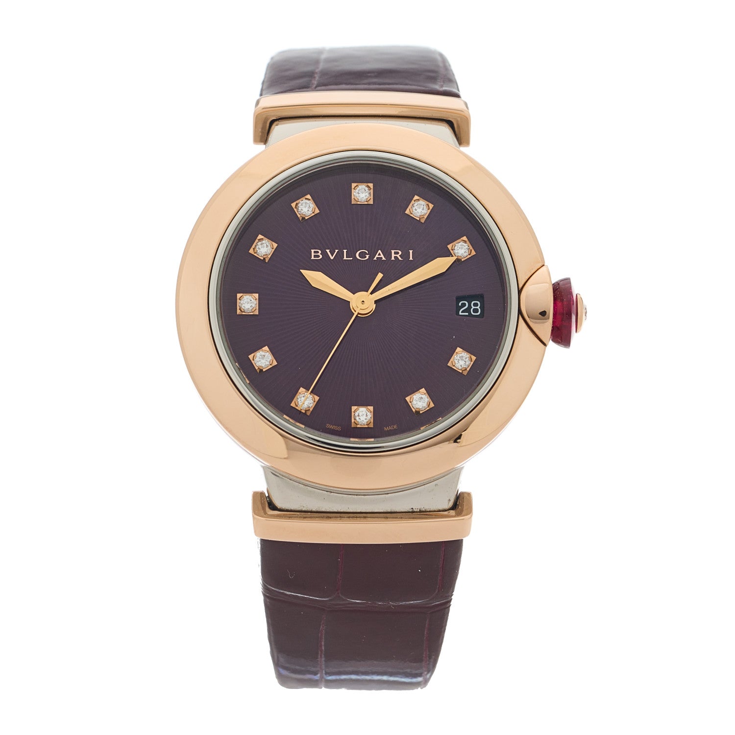 Bulgari Stainless Steel 18K Rose Gold Alligator Diamond 33mm LVCEA Quartz Watch Burgundy 1 of 5