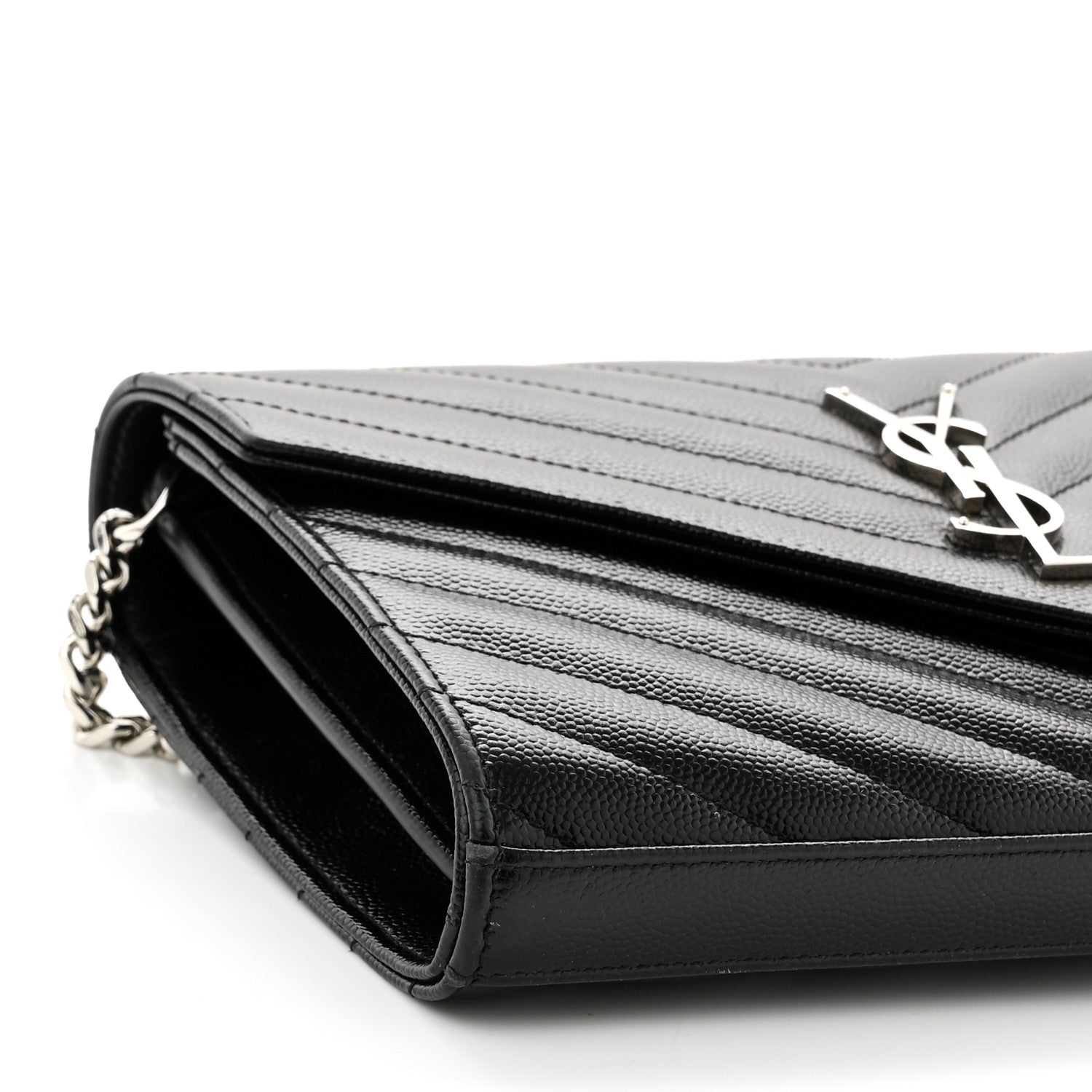 Saint Laurent Grain De Poudre Matelasse Chevron Monogram Chain Wallet Black 8 of 10