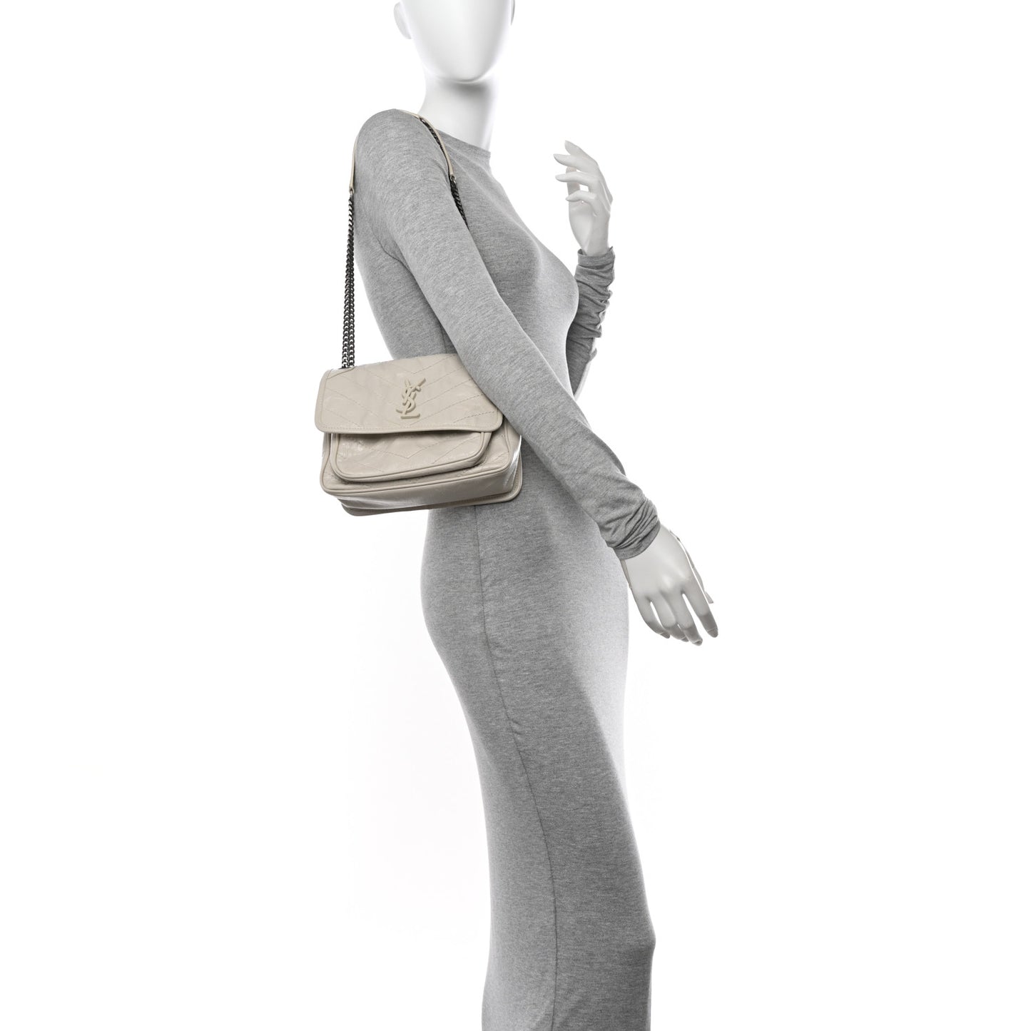 Crinkled Calfskin Matelasse Monogram Baby Niki Chain Satchel Ivory