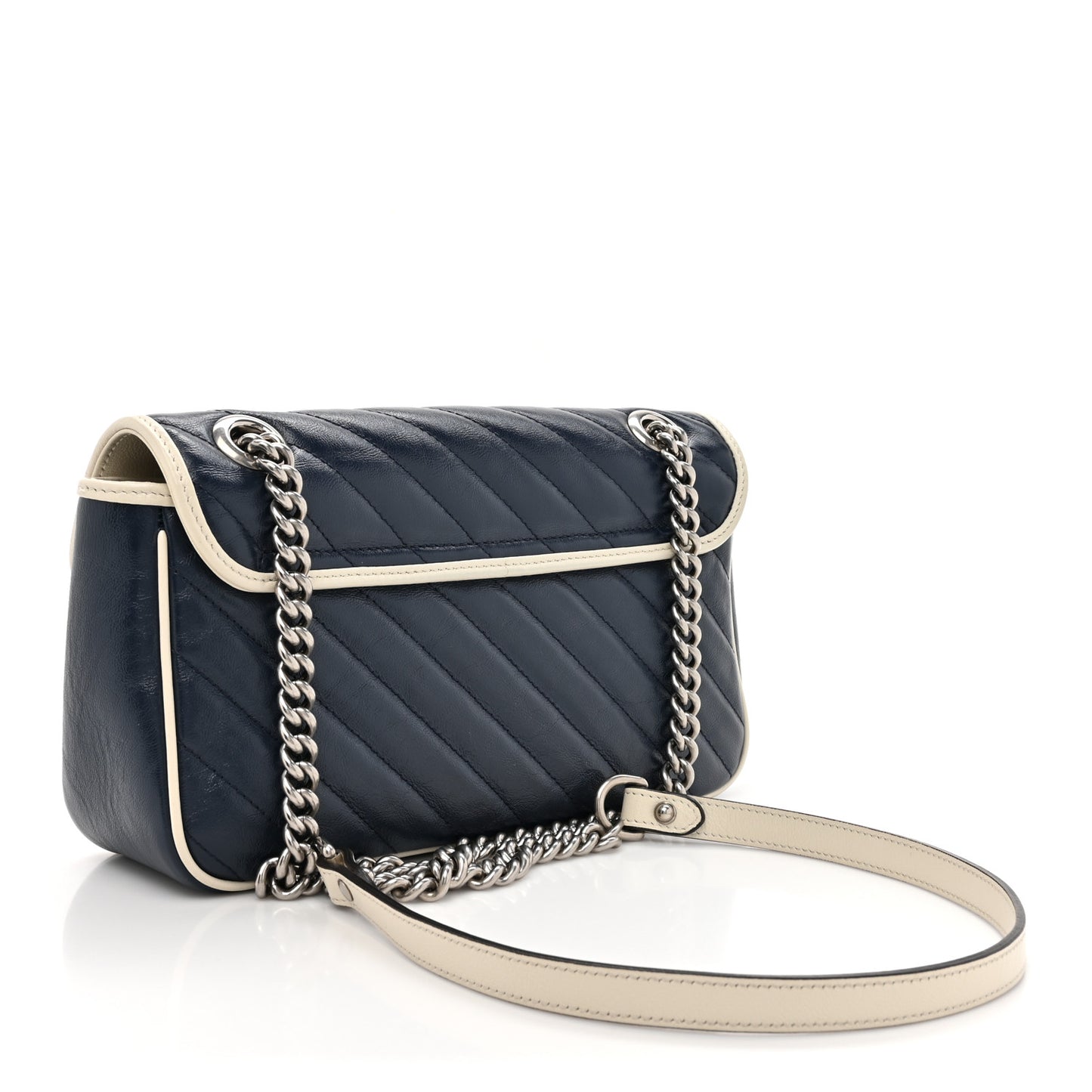 Vintage Effect Calfskin Matelasse Diagonal Small Torchon GG Marmont Shoulder Bag Blue Agata Mystic White