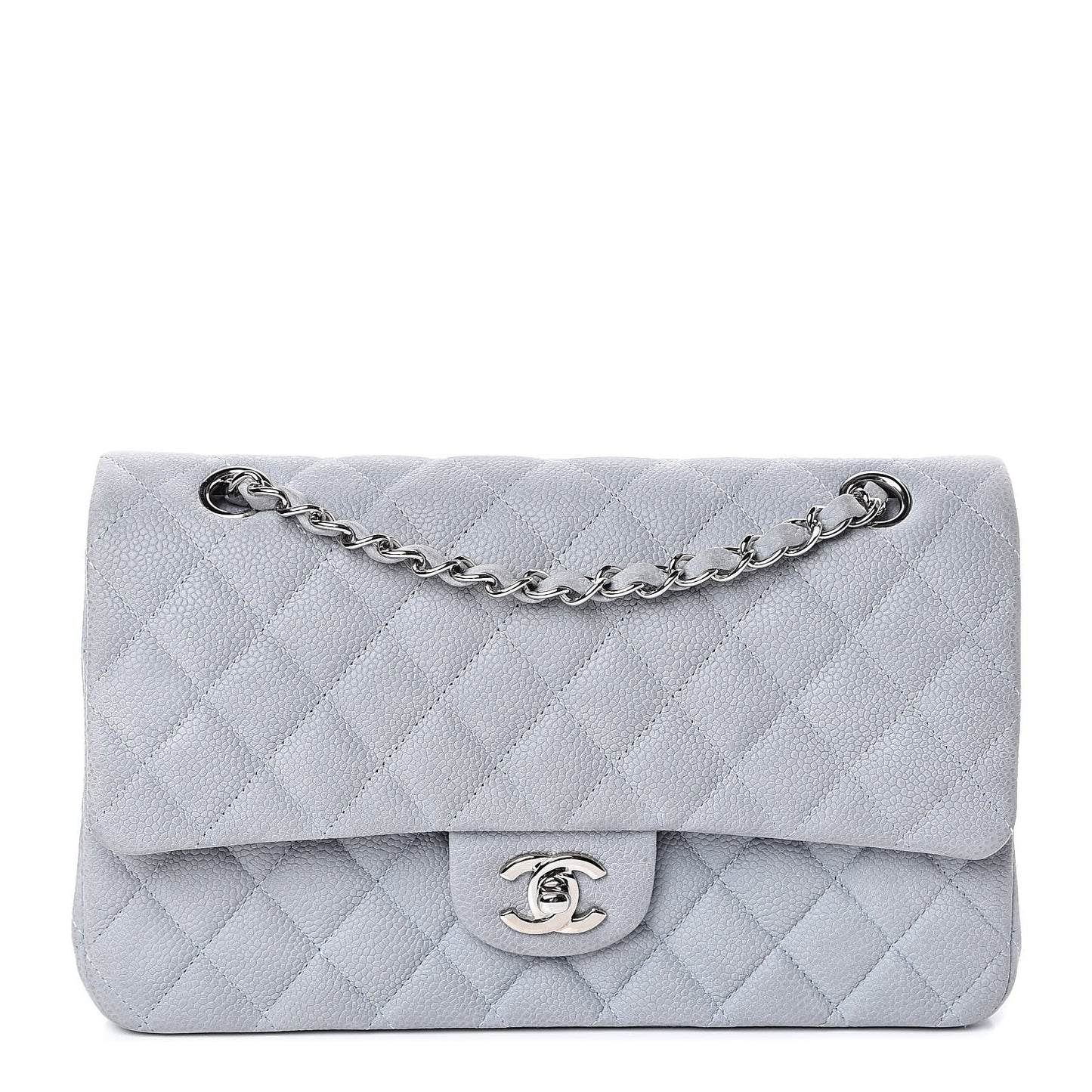 Iridescent Caviar Quilted Medium Double Flap Light Grey