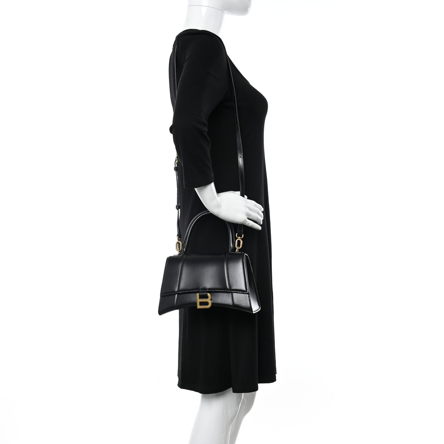 Shiny Box Calfskin Small Hourglass Top Handle Bag Black