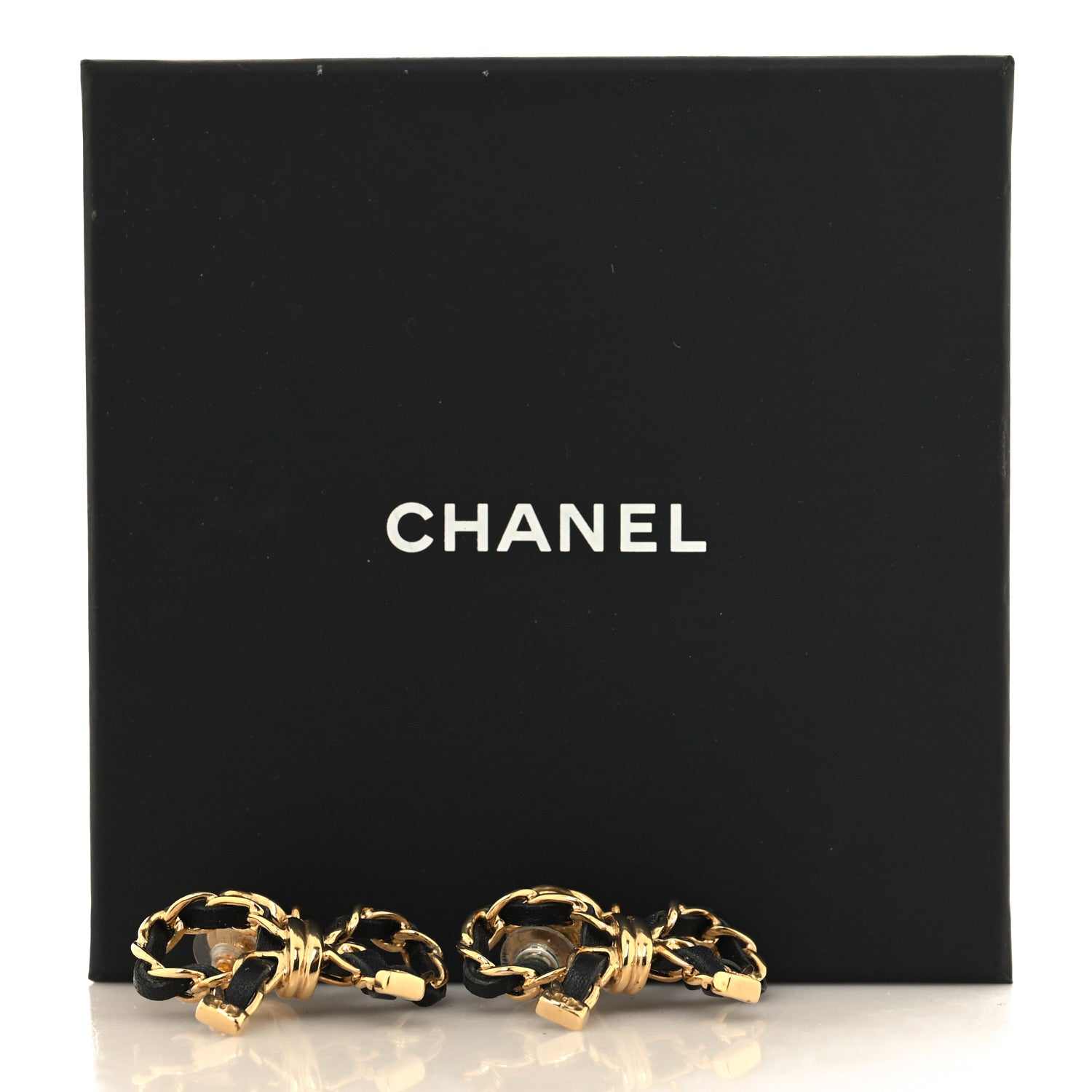Chanel Lambskin Chain Bow Drop Earrings Black Gold 5 of 5