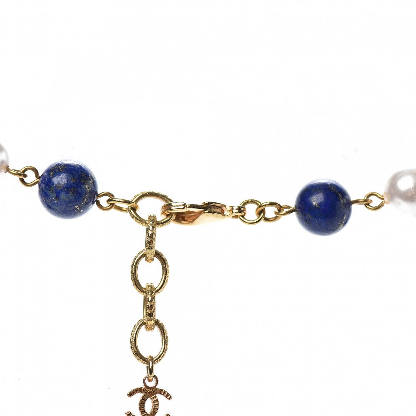 Pearl Beaded CC Long Necklace Gold Blue
