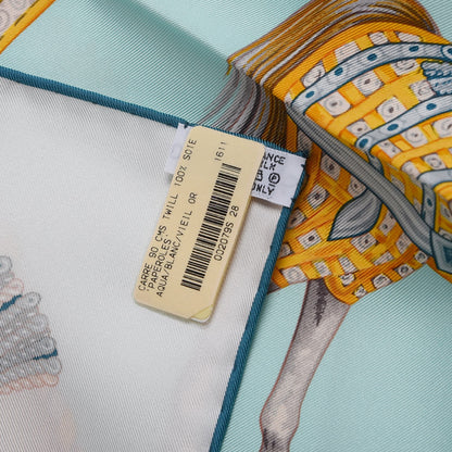 Hermes Silk Paperoles Scarf 90 Aqua Blanc Vieil Or 5 of 6