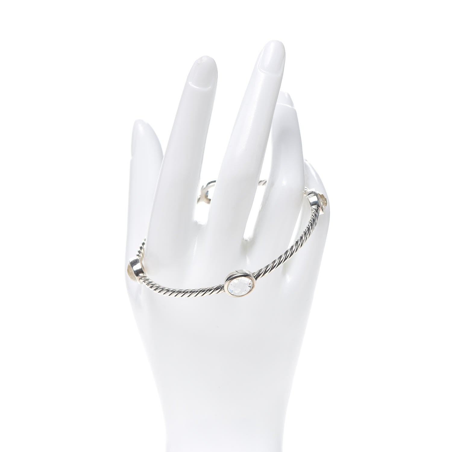 David Yurman Sterling Silver Rock Crystal 3mm Four Station Bangle Bracelet 2 of 4
