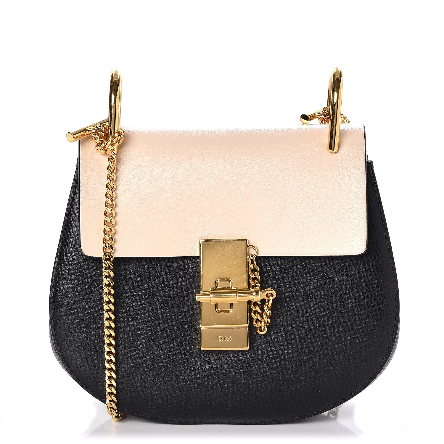 Chloe Grained Calfskin Lambskin Mini Bi-Color Drew Shoulder Bag Black Powder Beige 1 of 8
