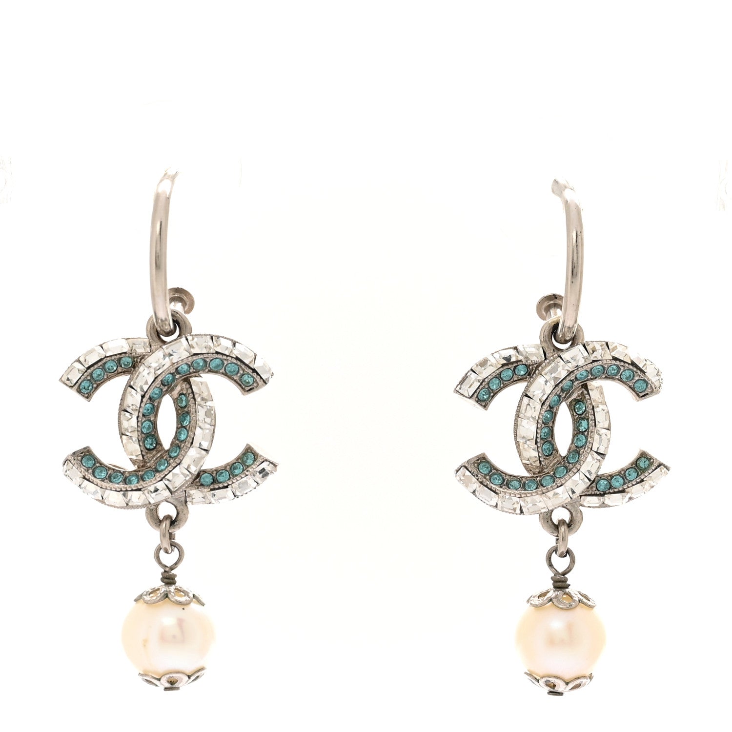 Chanel Crystal CC Drop Earrings Blue Silver 1 of 5
