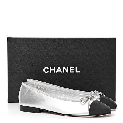 Chanel Laminated Lambskin Grosgrain Cap Toe CC Ballerina Flats 36 Silver Black 16 of 16
