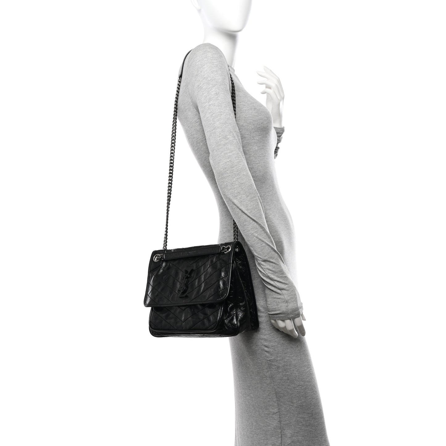 Crinkled Calfskin Matelasse Monogram Medium Niki Chain Satchel Black