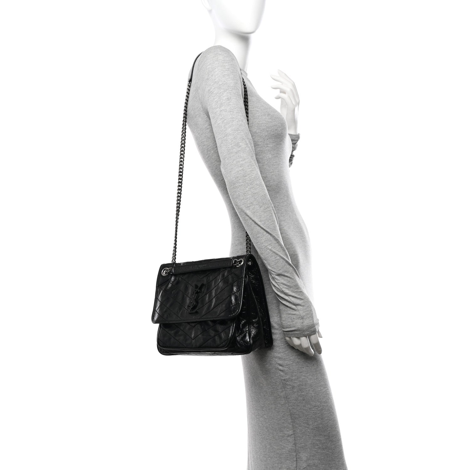 Saint Laurent Crinkled Calfskin Matelasse Monogram Medium Niki Chain Satchel Black 2 of 10