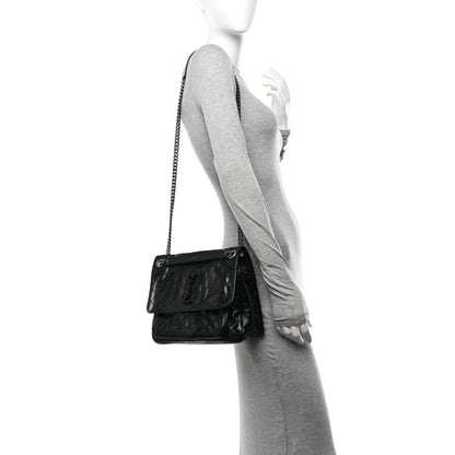 Saint Laurent Crinkled Calfskin Matelasse Monogram Medium Niki Chain Satchel Black 2 of 10