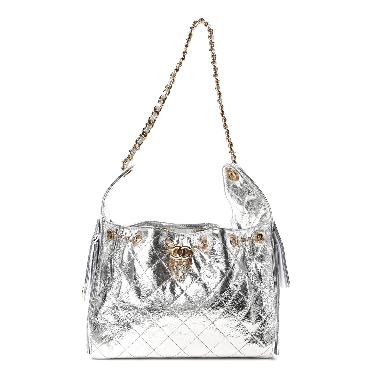 Metallic Aged Calfskin Quilted Small Chanel 25 Handbag Silver