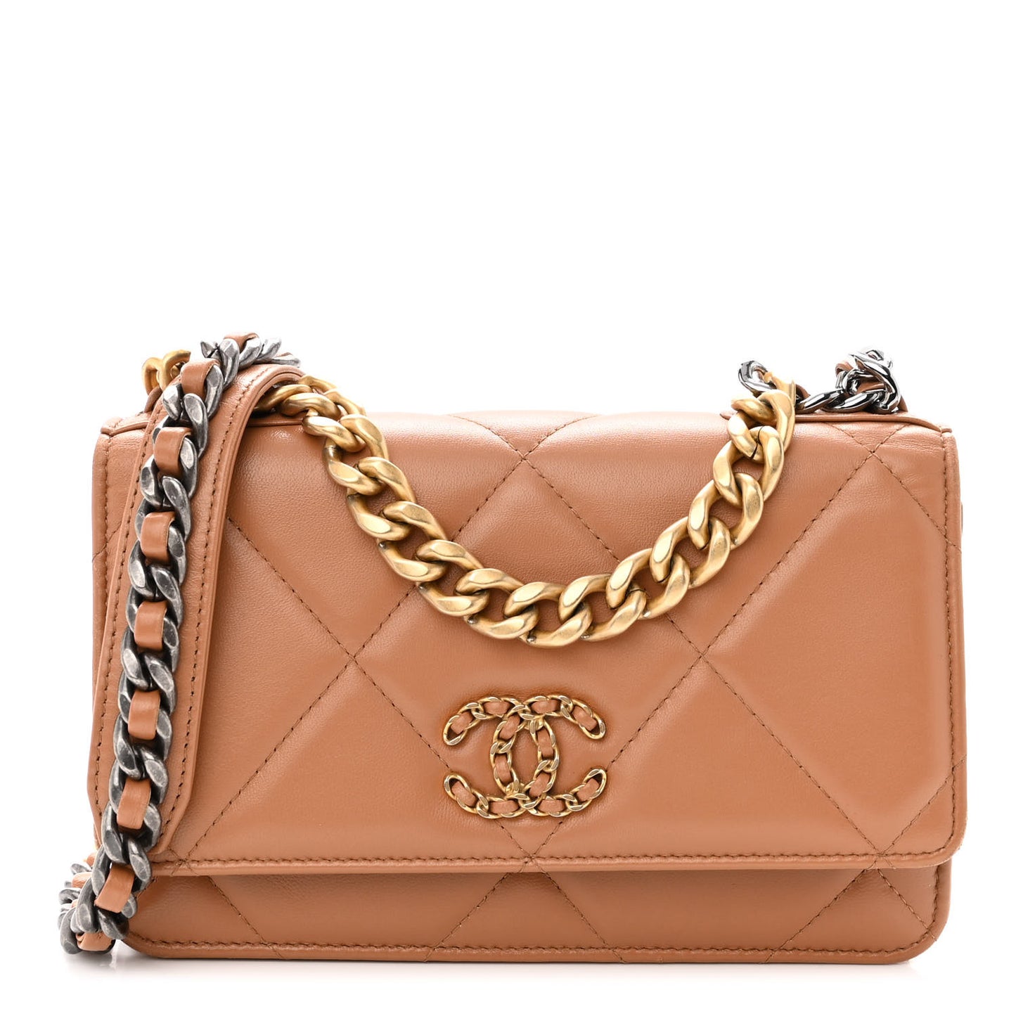 Lambskin Quilted Chanel 19 Wallet On Chain WOC Brown