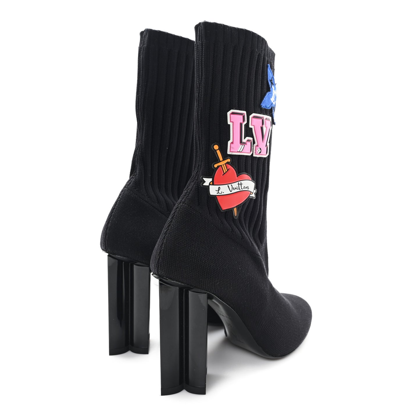 Stretch Fabric LV Black Heart Sock Ankle Boots 38 Black